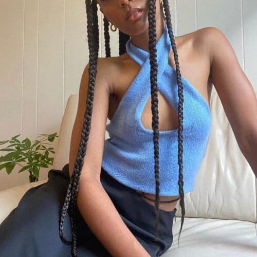 Women Sexy Hollow Out Chest Wrap Backless Cropped Cami Y2K Aesthetic Criss-Cross Knitted Halter Top Summer Sleevless Mini Vest