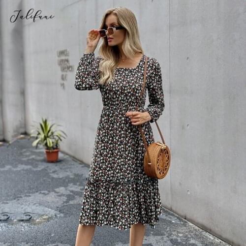 Womens Long Dress Autumn Long-sleeve Elegant Flower Square-collar Dresses 2021 Black Vintage BOHO Party Winter Clothes For Woman