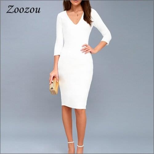Women Elegant White V-neck Slim Pencil Dress Plus size 3/4 Sleeve Bodycon Dress Sheath Work Knee Length Female Dress New Custom