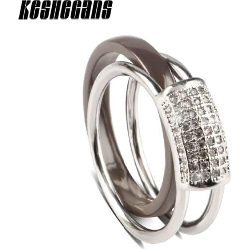 New Design 2pcs/Set 3mm Ceramic Ring And Women Stainless Steel Crystal Ring Can Be Apart Fashion Wedding Engagement Ring Sets