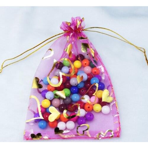 100pcs 9x12cm Drawable Organza Bags Heart Fuchsia color Wedding Christmas Gift Bag Jewelry Packaging Bags Pouches