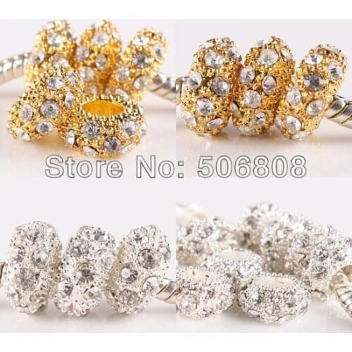 100pcsl/lot Clear Crystal Rhinestone Metal Gold /Silver color Rondelle Loose Charms European Beads Fit Bracelets/ Snake Chains