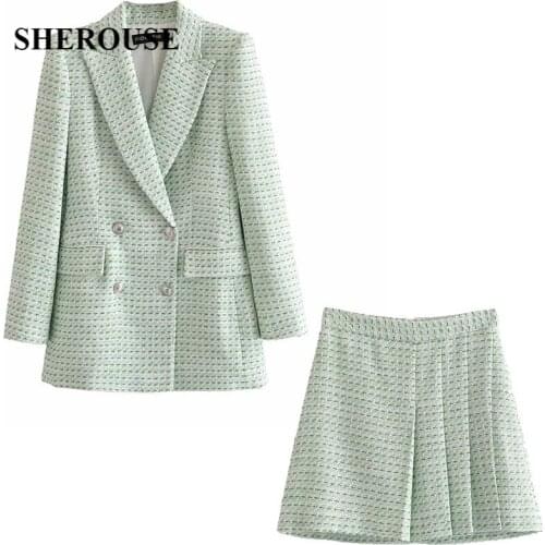2021 New Women Two Pieces Set Textured Checkered Blazer and Pleated Short Skirt Suit Fashion Casual Chic Lady Women Outfits Suit
