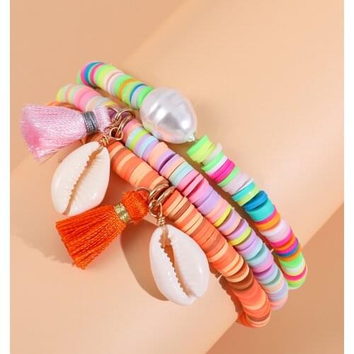 3Pcs/set Bohemia Multi-layer Polymer Clay Beads Bracelets for Women Gold Coin Pearl Tassel Bracelets Summer Shell Jewelry