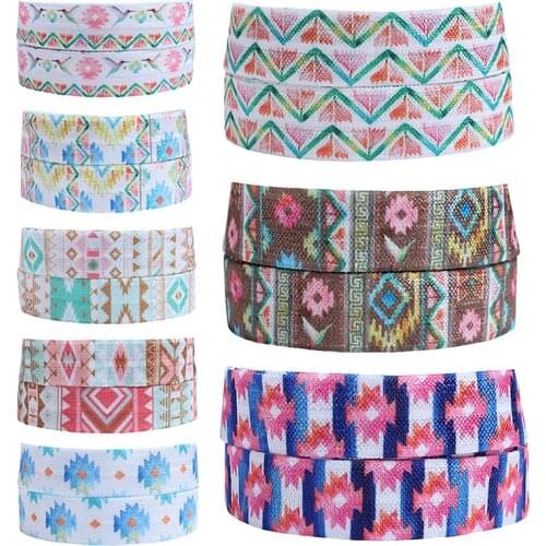 50 yards/lot) Flora Ribbons 5/8" thermal transfer printing geometric patterns fold over elastic