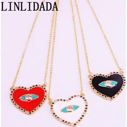 8Pcs Multicolored Cubic Zirconia Micro Paved Fashion Enamel Heart Pendant Necklaces Gold Color For Women Jewelry