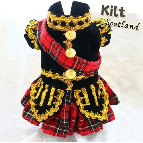 Free Shipping Handmade Dog Clothes Scottish Plaid Kilt Royal Style Velvet Uniform Pet Tuxedo Suit Cats Poodle Yorkie Maltese
