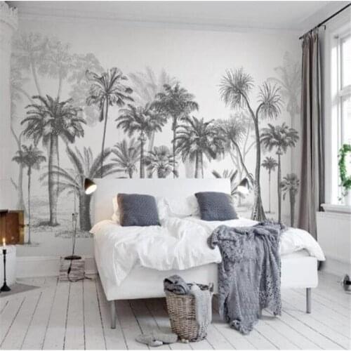 Large 3D Wallpaper Mural Custom Black and White Tropical Rainforest Coconut Tree TV sofa background wallpaper mural