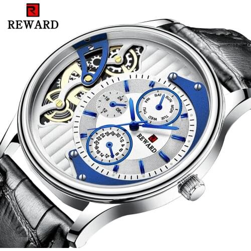REWARD New Quartz Wristwatches Week Display Black Leather Hollow Design Waterproof Big Dial Male Clock Business Watches
