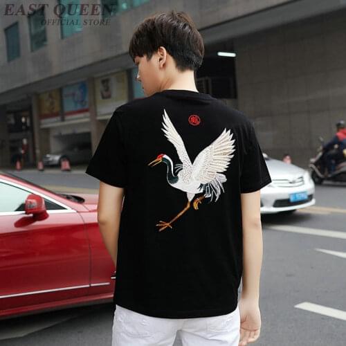 Chinese Style Mens T Shirts Fashion 2019 Summer Male Tops Red-Crowned Crane Embroidery Asian Clothes Chinese Shirt Men KK2838