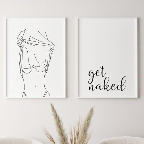 Bathroom Wall Decor Canvas Painting Get Naked Sign Fashion Painting Canvas Art Poster One Line Sexy Woman Drawing Canvas Picture