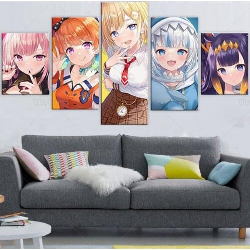 Anime Hololive Ninomae Gawr Gura 5 Piece Poster Pictures Home Decoration Paintings Canvas HD Prints Wall Art Modular Living Room