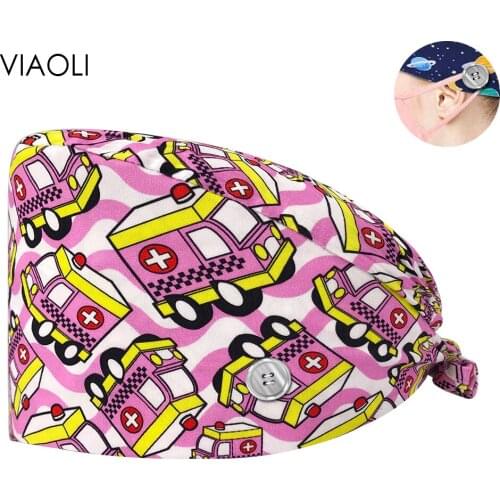 Cartoon Printing Medical Women and Men Nurse Hats Adjustable Beautician Scrub Hats Pet Shop Lab 100% Cotton Doctor Scrubs Caps