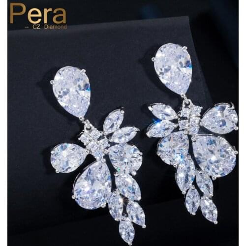Pera Luxury Bridal Wedding Party Big Water Drop Cubic Zirconia Flower Shape Fashion Long Dangle Earrings Jewelry for Brides E205