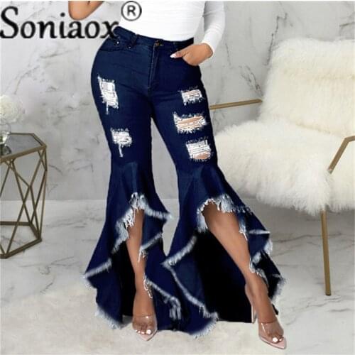 Sexy Ripped Jeans Fringe Hollow Out Ruffle Water Wash Flare Denim Pants New High Waist Bodycon Hole Women Trousers Club Outfits
