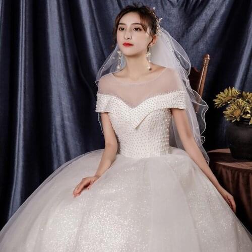 Wedding Dress 2021 Lxuury Pearl O-neck Wedding Gown Lace Up Ball Gown Classic Sequin Tulle Vestido De Noiva Plus Size