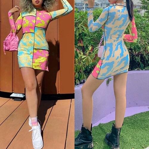 Womens Round Neck Long Sleeve Fashion Slim Printed Pack Hip Dress Multicolor