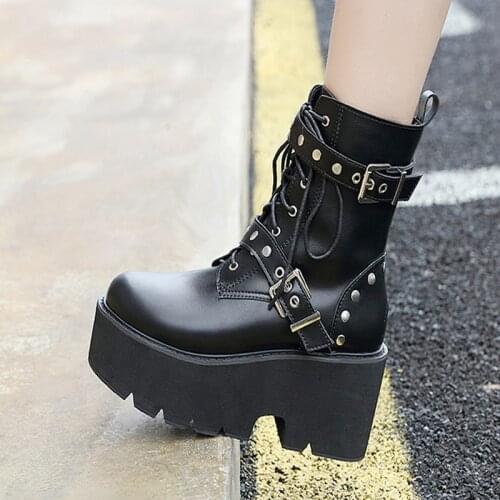 Luxury Brand Design Female Chunky High Heels Ankle Boots Fashion Zip Lace-up High Platform Boots Women Street Punk Shoes Woman