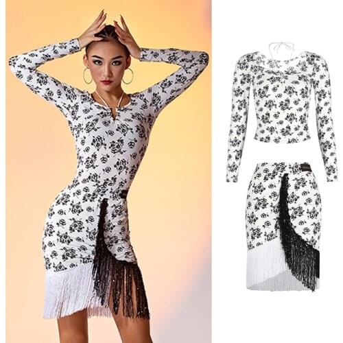 Latin Dance Dresses For Women White Long Sleeves Tops Sequin Tassels Dance Skirt Rumba Clothing Adult Latin Costumes DNV15247