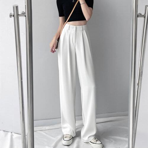 Womens Work Pants Wide Leg Trousers Summer Loose Button Black White Wide Pants Female Elegant 2021 Straight High Waisted Pants