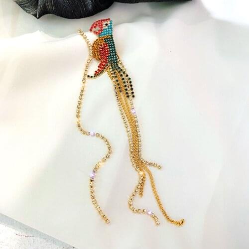 USTAR Hyperbole Parrot Crystal Long Tassel Drop Earrings for Women Full Rhinestone Dangle Earrings Fashion Party Jewelry Gifts