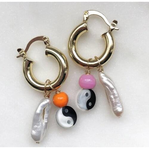 Hip hop Jewelry china chinese ins Gossip baroque freshwater Pearl shell Yin Yang Taiji Tai Chi Bagua brinco earrings for women