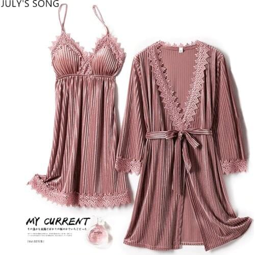 JULYS SONG Women Robe Nightdress 2 Pieces Pajamas Set Velvet Autumn Spring Sexy Sling Lace Stripe Sleepwear Female Pajamas Suit