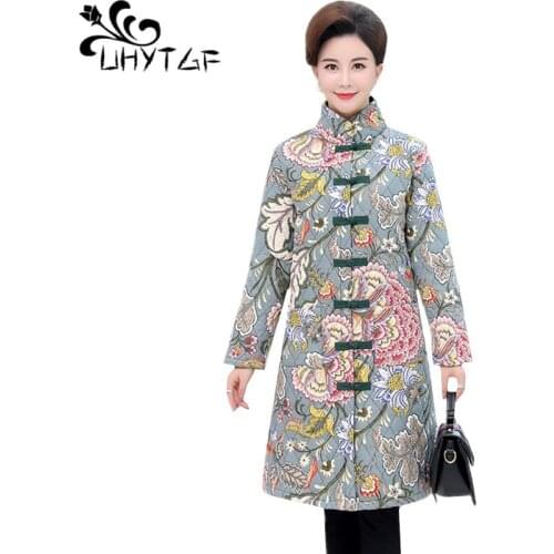 UHYTGF 3XL plus size cotton coat female National style Retro print parka women thicken plus cotton casual warm Winter jacket 539