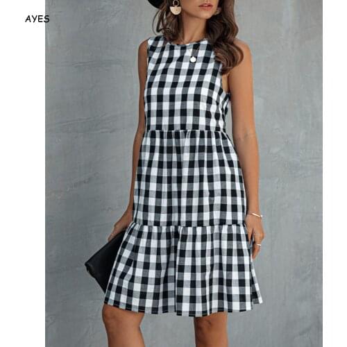 2021 Summer Women Dress Black White Retro Plaid Dress Ladies Blue Red Yellow Plaid Tank Dress Women Sleeveless Spring Dresses