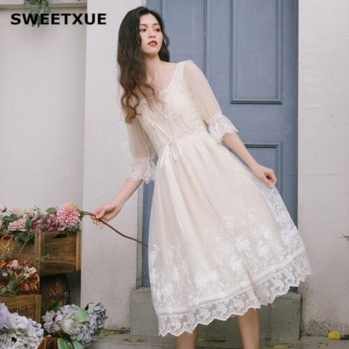SWEETXUE New Fairy Mesh Dress Summer Square Collar Cross Strap Embroidery Flower Lace Hollow Thin Party Midi Dress Femme Vestido