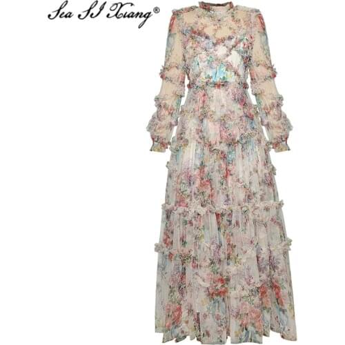 Seasixiang Fashion Designer Spring Mesh Dress Women Stand Collar Lantern Sleeve Cascading Ruffle Floral Print Vacation Dresses