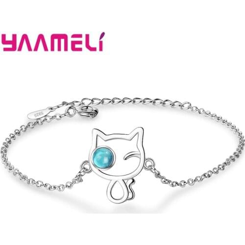 1 Piece Cute Cat Bracelet 925 Sterling Silver Moonstone Beads Creative Charm Bracelets for Women Fashion Jewelry Accessories