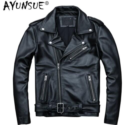 AYUNSUE Real Cow Leather Jacket Men Spring Autumn Motorcycle Jacket Plus Size Mens Genuine Leather Coat Deri Mont Erkek KJ1911