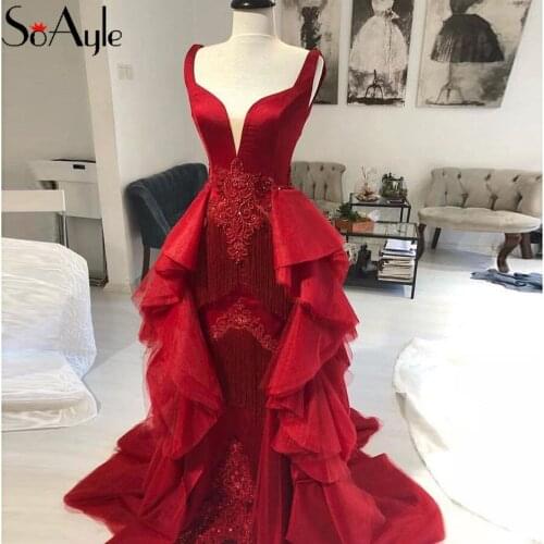 SoAyle Ball Gown Ruffles Red Prom Dresses with Tassels Bling Bling Puffy tail Dresses