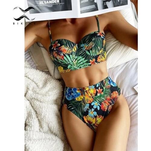 Underwired push up bikini set Floral print swimwear Bandeau swimsuit women High waist bathing suit Sexy Brazilian swimming suit