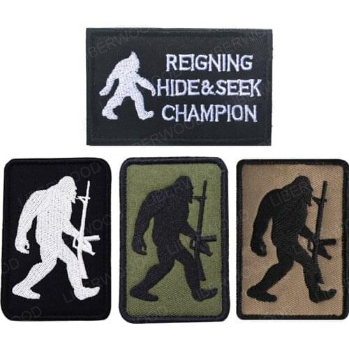 Armed Bigfoot take gun patch Reigning Hide and Seek Champion Bigfoot Hook Patch Tactical badge