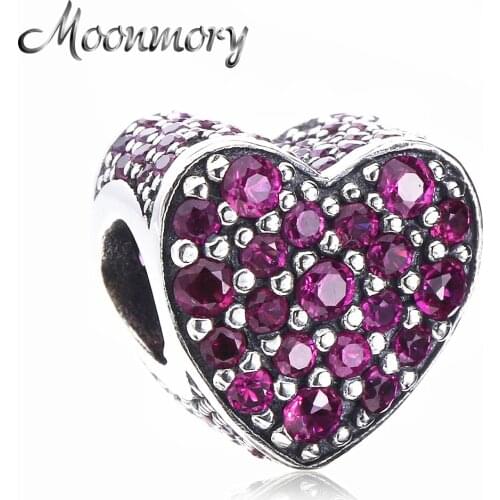 Moonmory Top Quality 925 Sterling Silver Love Heart Charms Beads With Red Stone Fits For Brand Bracelet DIY Jewelry Wholesale