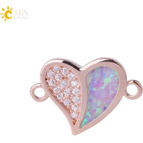CSJA Heart Shape Connector Opal Zircon Double Holes Charms Fashion Jewelry Findings for Women Bracelet Earrings Accessories G075