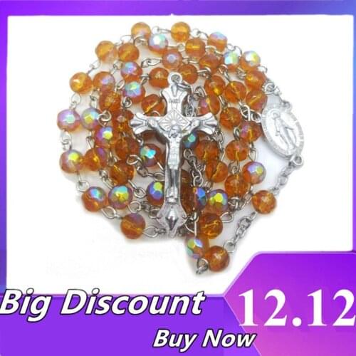 Virgin Mary Gift Jesus Christ Religious Jewelry Crystal Beads Round Bead Chain Cross Rosary Necklace