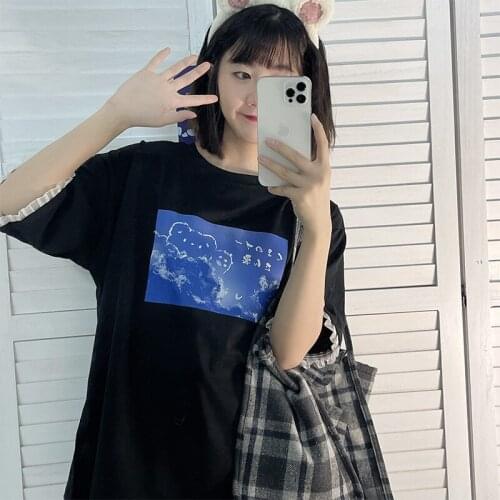 Womens Stitching O-Neck T-Shirt Sweet Soft Girl Loose Mid-Length Short-Sleeved Top Japanese Kawaii Bear Printing Cute Clothing