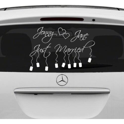 Custom Personalized Vinyl Car Decal Design Just Married with Names and Cans Sticker Wedding Car Glass Decor Wall Stickers B105