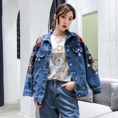 Women Coat Cowboy Clothes Embroidery Harajuku Nail Pearl Paillette Cowboy Ukraine Loose Streetwear Femme Riverdale Jackets