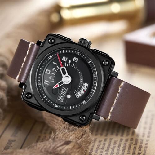 MEGIR Sport Men Watch Leather Strap Square Relogio Masculino Clock Men Quartz Military Watches Reloj Hombre with Watch Box 2040