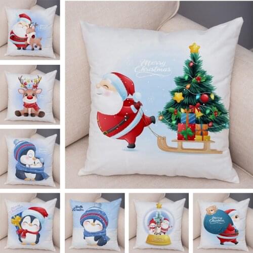 Cartoon Santa Claus Pillow Case for Sofa Children Room Decor Merry Christmas Penguin Deer Cushion Cover 45x45cm Plush Pillowcase