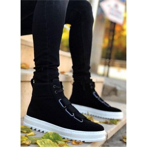 BA0060 3 Bant Laced Up Zipper Nubuck Black White Base Men 'S Sports Boots
