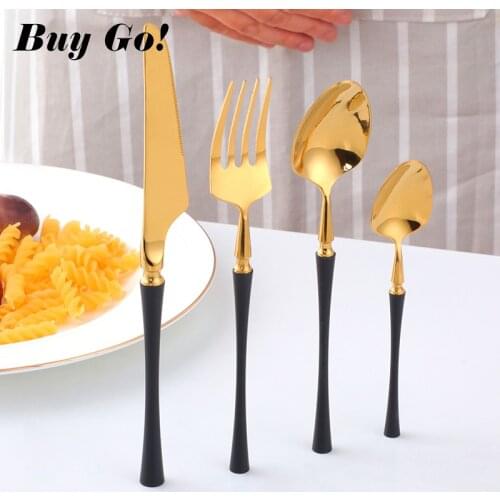 Stainless Steel Flatware Set Creative Standing Luxury Cutlery Set Black Gold Dessert Spoon Fork Knife Dinnerware Set 1 Set/4PCS