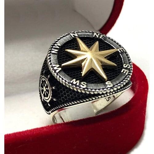 925 Sterling Silver Ring For Men Compass And Rudder Design Gift For Him Mens Rings Real Pure Silver - Turkish Jewelry