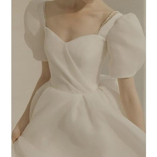 Bride White French A-Line Wedding Dresses Elegant Short Sleeve Square Neck Backless Princess Party Gown