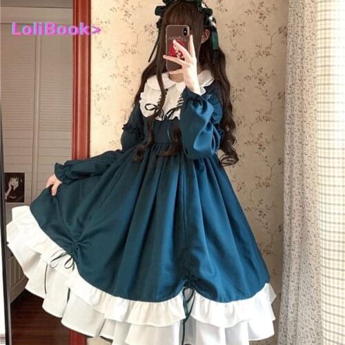 Lolibook Sweet Lolita Dress Vintage Printing Lace Angel Lace Bowknot High Waist Victorian Dress Kawaii Girl Gothic Lolita