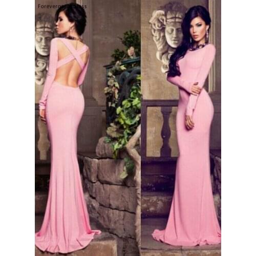 Pink Long Sleeves Prom Dress Criss Cross Back Special Occasion Party Gown